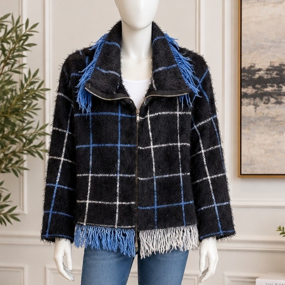 Arette Womens Cardigan Fuzzy Grid Plaid Fringe Zip Up Black Blue Large